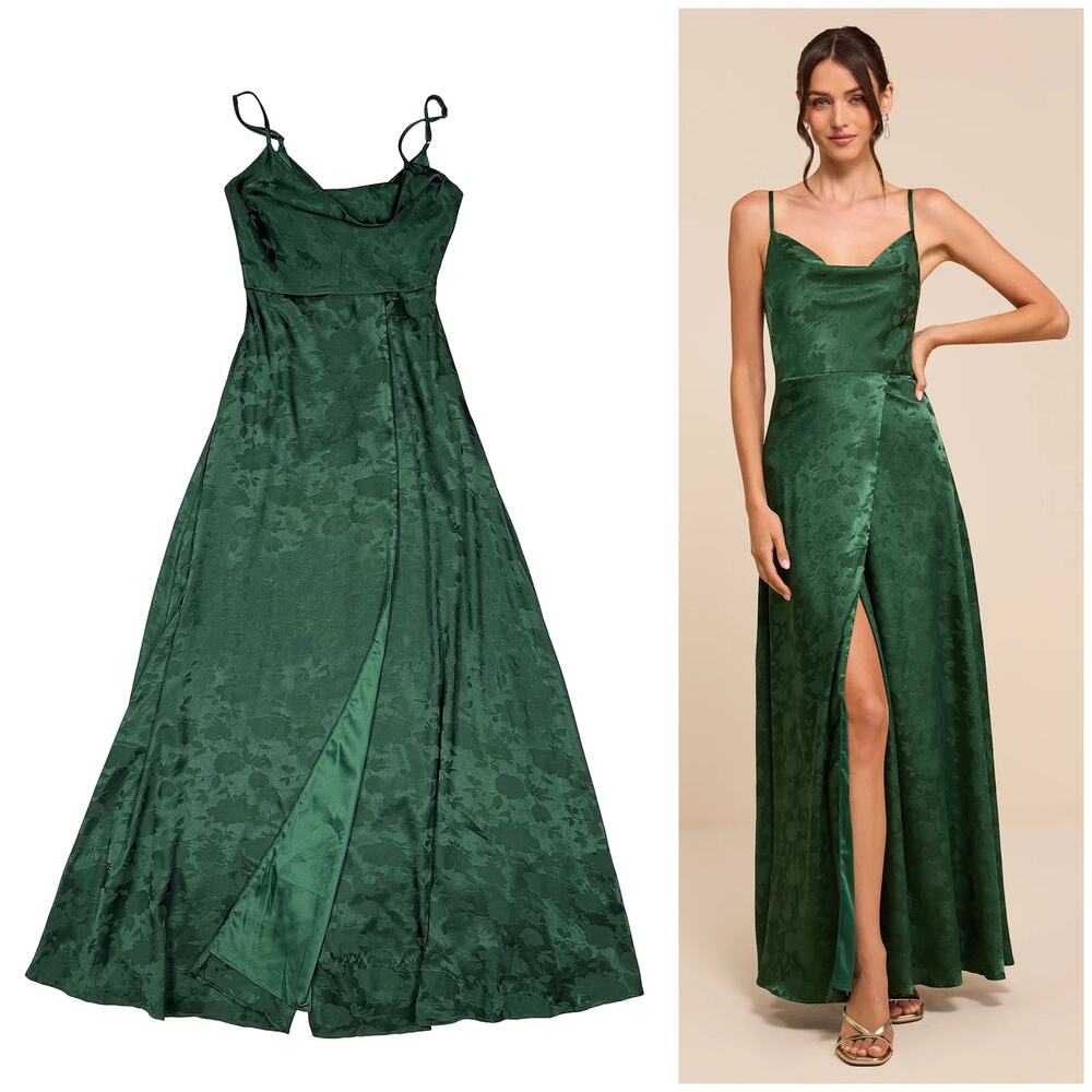 Lulus Simply Dreamy Emerald Green Satin Floral Jacquard Maxi Dress Sz XS Formal